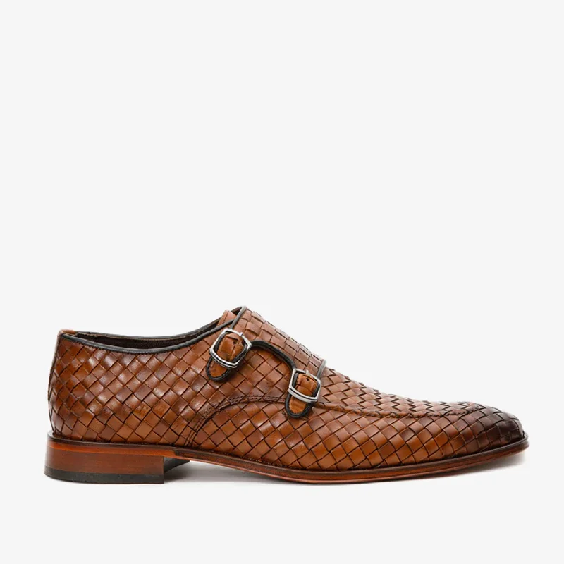 Men's Reinforced Sole Shoes The Turan Brown Woven Double Monk Strap Dress Men Shoe