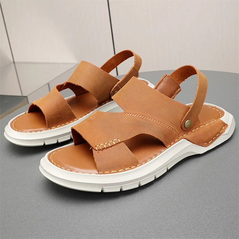 Men's Handcrafted Shoes Men's Summer Concise Genuine Leather Breathable Hollow Out Beachwear Sandals