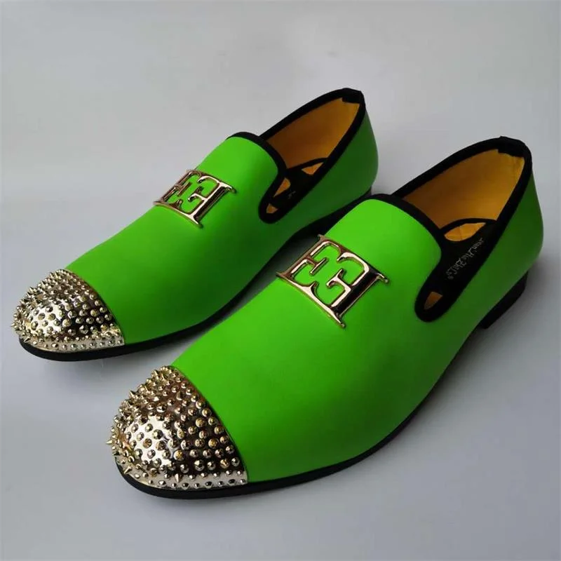 Men's Cozy Boots Men's Grass Green Leather Gold Metal Toe Big Size Loafers Shoes