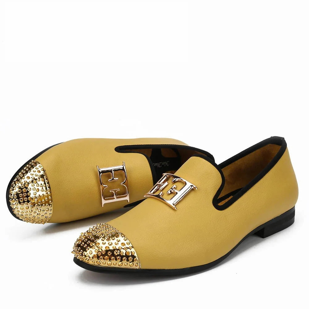 Men's Ergonomic Shoes Men's Yellow Synthetic Leather Gold Metal Toe Casual Slip-On Loafers Men's Ergonomic Shoes Men's Yellow Synthetic Leather Gold Metal Toe Casual Slip-On Loafers