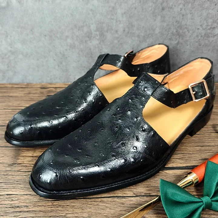 Men's Seamless Design Boots Men's Luxury Genuine Leather Ostrich Print Buckle Strap Hollow Out Dress Shoes Men's Seamless Design Boots Men's Luxury Genuine Leather Ostrich Print Buckle Strap Hollow Out Dress Shoes