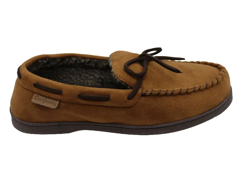 Men's Elegant Shoes Dearfoams Mens Toby Microsuede Moccasin With Whipstitch & Tie Slippers