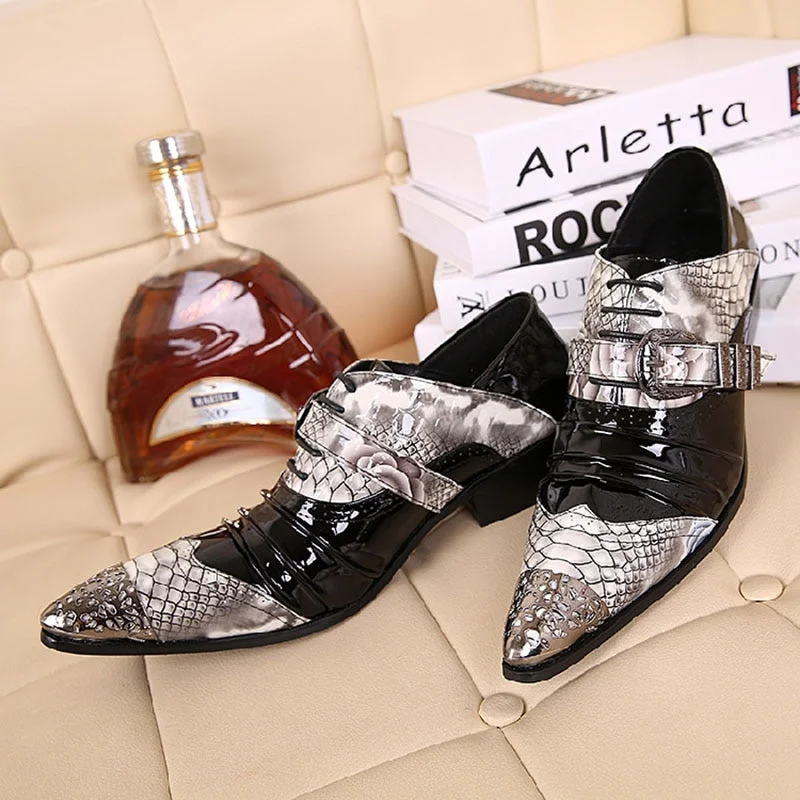 Shop Now For Discounted Shoes Men's Japan Style Snake Pattern Leather Pointed Toe Pleated Dress Shoes
