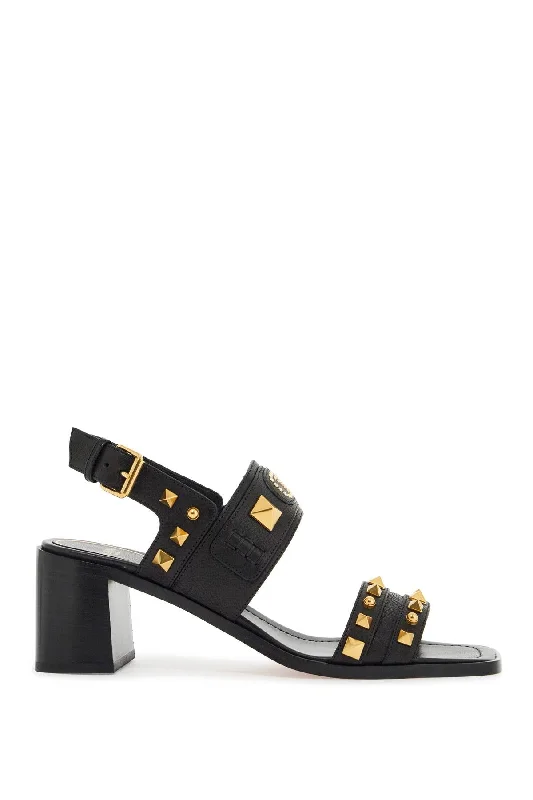 Men's Soft Boots Valentino Garavani Black Buffalo Leather Sandals With Golden Studs And Square Heel
