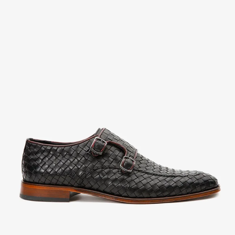 Men's Durable Boots The Turan Black Woven Double Monk Strap Dress Men Shoe