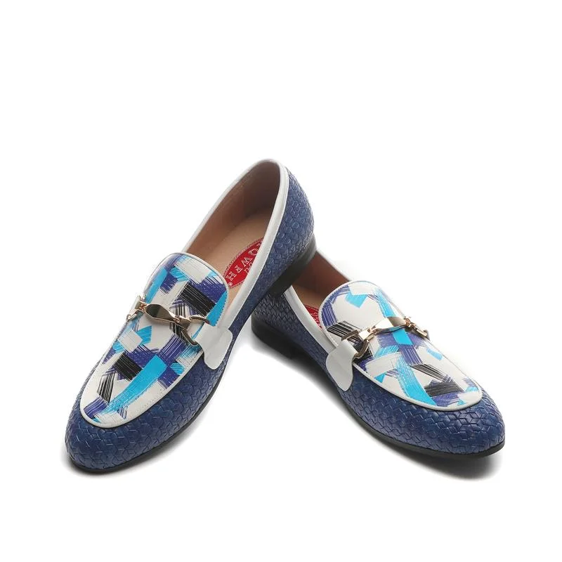 Men's Durable Shoes Men's Blue Woven Synthetic Leather Metal Buckle Printed Pattern Loafers Men's Durable Shoes Men's Blue Woven Synthetic Leather Metal Buckle Printed Pattern Loafers