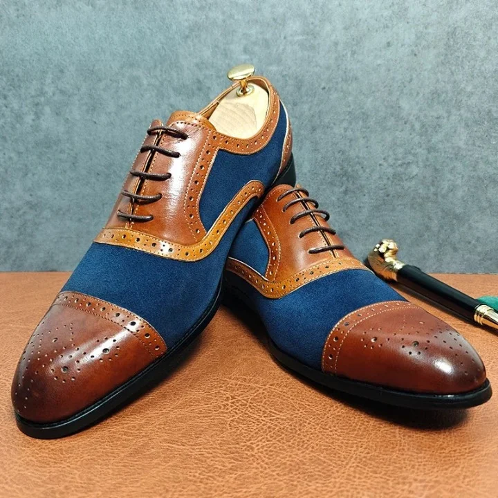 Men's Classic Shoes Men's Genuine Leather Lace Up Mixed Color Patchwork Dress Shoes