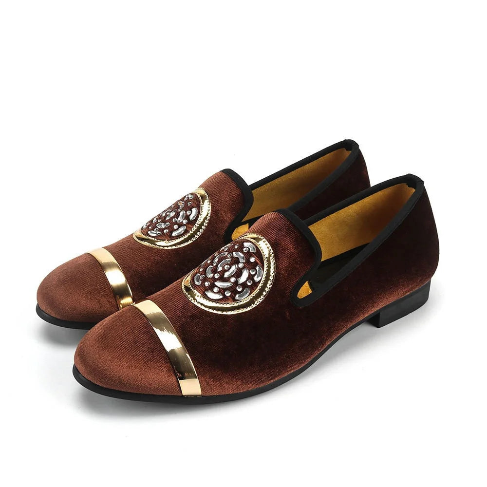 Fashion-Forward Shoes For Men Men's Brown Luxury Velvet Gold Top Metal Toe Casual Party Loafers