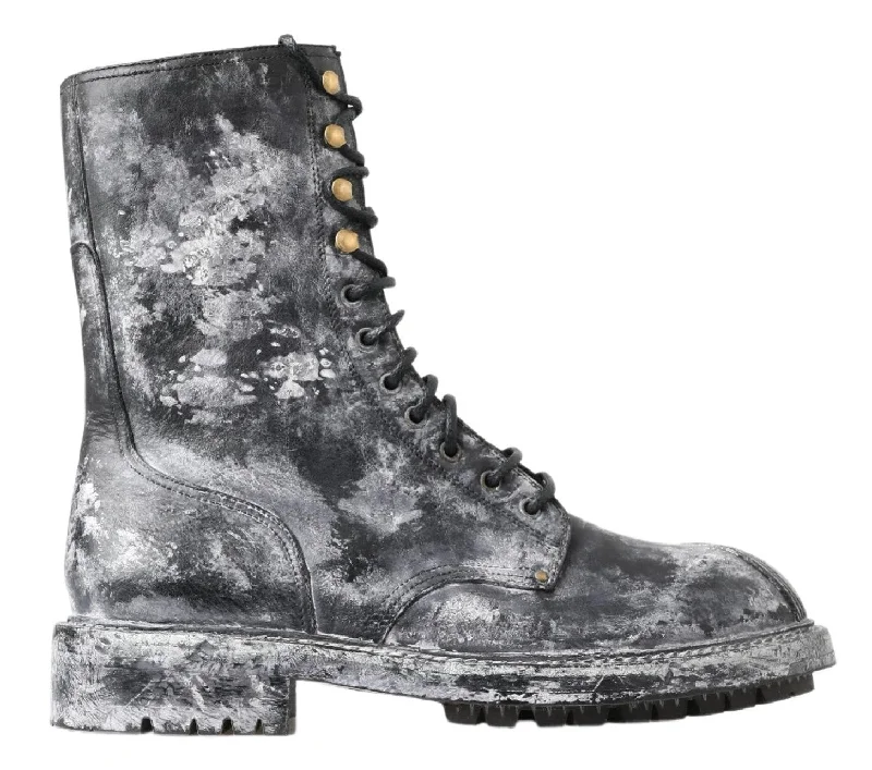 Men's Flexible Shoes Dolce & Gabbana Chic Black Lace-Up Boots with Gray White Men's Fade Men's Flexible Shoes Dolce & Gabbana Chic Black Lace-Up Boots with Gray White Men's Fade
