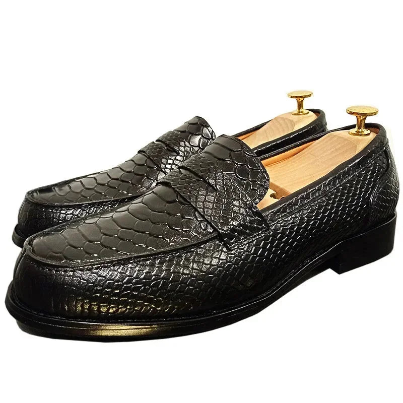 Men's Sporty Boots Men's Luxury Black Snake Skin Pattern Genuine Leather Slip-On Loafers