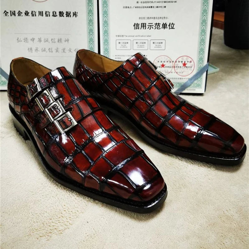 Men's Classic Shoes Men's Square Toe Crocodile Skin Hand Stitched Painted Dress Shoes Men's Classic Shoes Men's Square Toe Crocodile Skin Hand Stitched Painted Dress Shoes