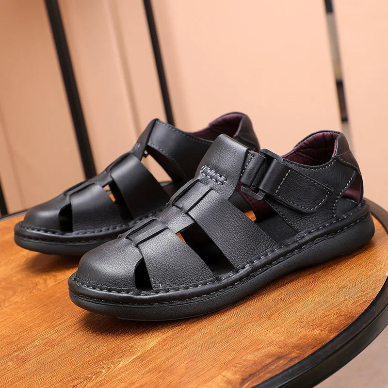 Men's Energy-Return Shoes Men's Summer Genuine Leather Hook Loop Casual Beachwear Sandals