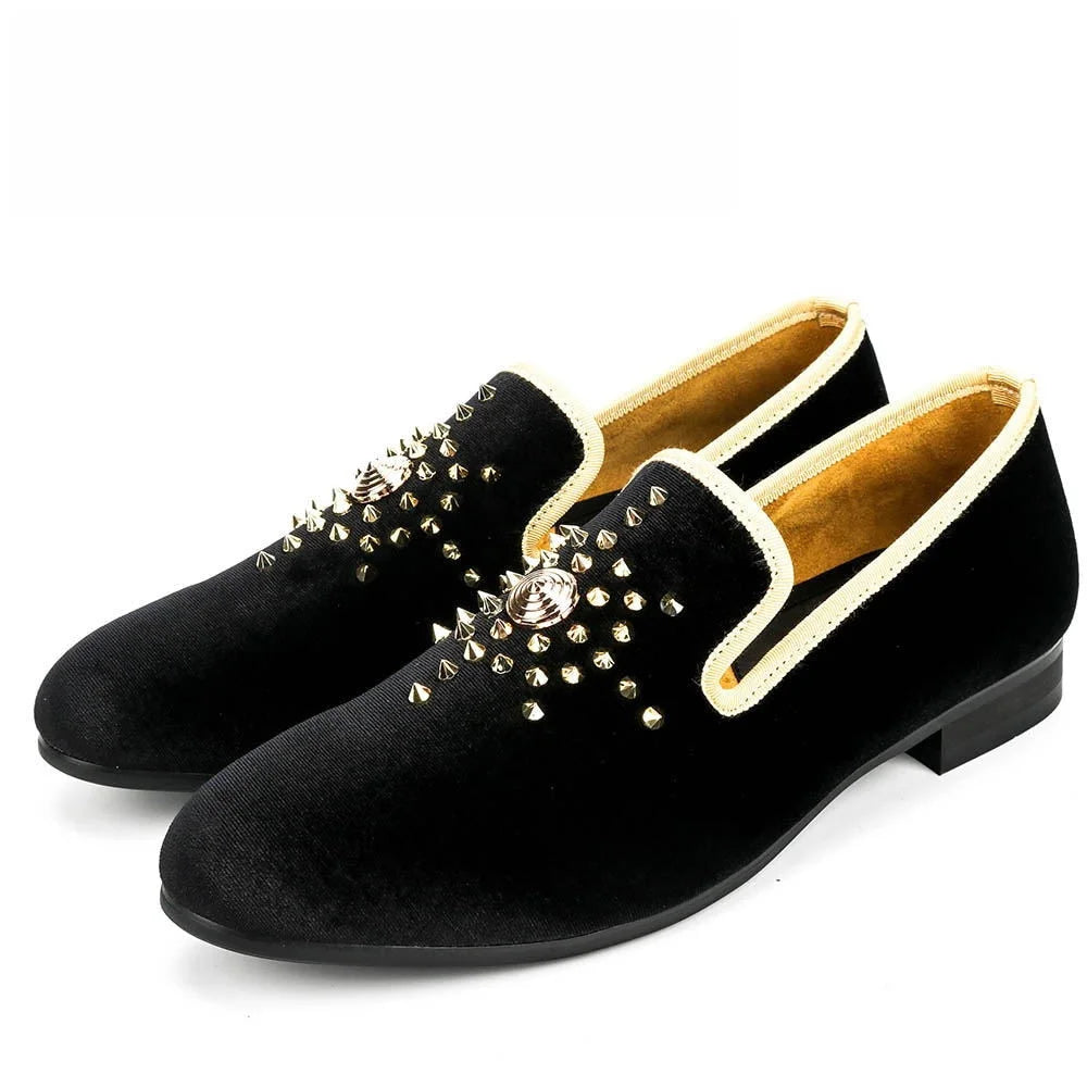Men's Handcrafted Shoes Black Velvet Gold Metal Rivet Slip-On Casual Party Loafers for Men Men's Handcrafted Shoes Black Velvet Gold Metal Rivet Slip-On Casual Party Loafers for Men