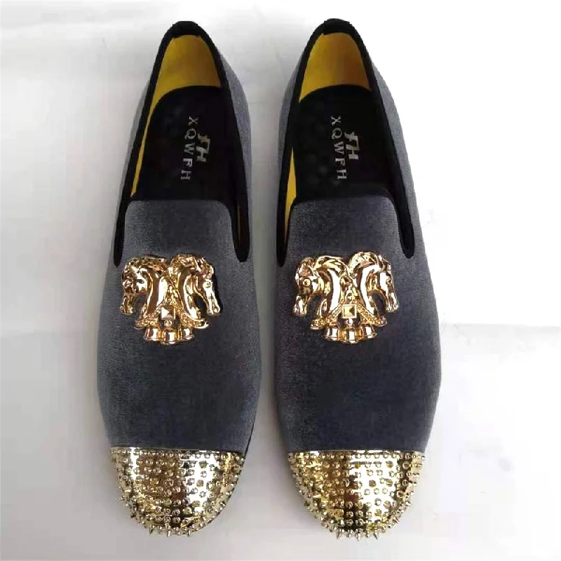 Men's Ergonomic Boots Men's Gold Horse Buckle Rivet Metal Toe Slip-On Nightclub Party Loafers Men's Ergonomic Boots Men's Gold Horse Buckle Rivet Metal Toe Slip-On Nightclub Party Loafers