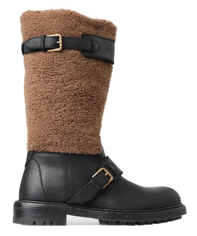 Men's Reinforced Sole Shoes Dolce & Gabbana Black Shearling Leather Long Men's Boots Men's Reinforced Sole Shoes Dolce & Gabbana Black Shearling Leather Long Men's Boots