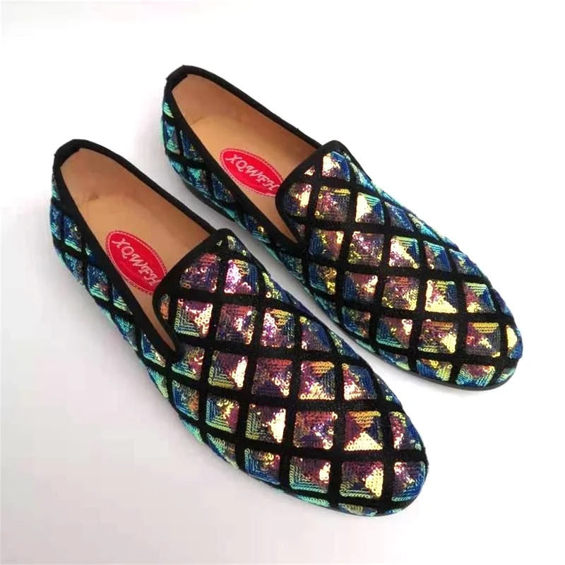Men's Moisture-Wicking Boots Men's Spring Luxury Style Sequined Cloth Checkered Pattern Party Loafers Men's Moisture-Wicking Boots Men's Spring Luxury Style Sequined Cloth Checkered Pattern Party Loafers