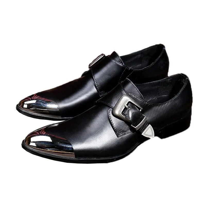 Limited Stock On Premium Leather Shoes Men's Leather Pointy Metal Front Cap Buckle Strap High Heels Dress Shoes
