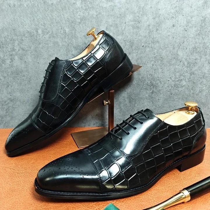 Men's Shock-Resistant Shoes Men's Luxury Genuine Leather Crocodile Pattern Lace-up Dress Shoes Men's Shock-Resistant Shoes Men's Luxury Genuine Leather Crocodile Pattern Lace-up Dress Shoes