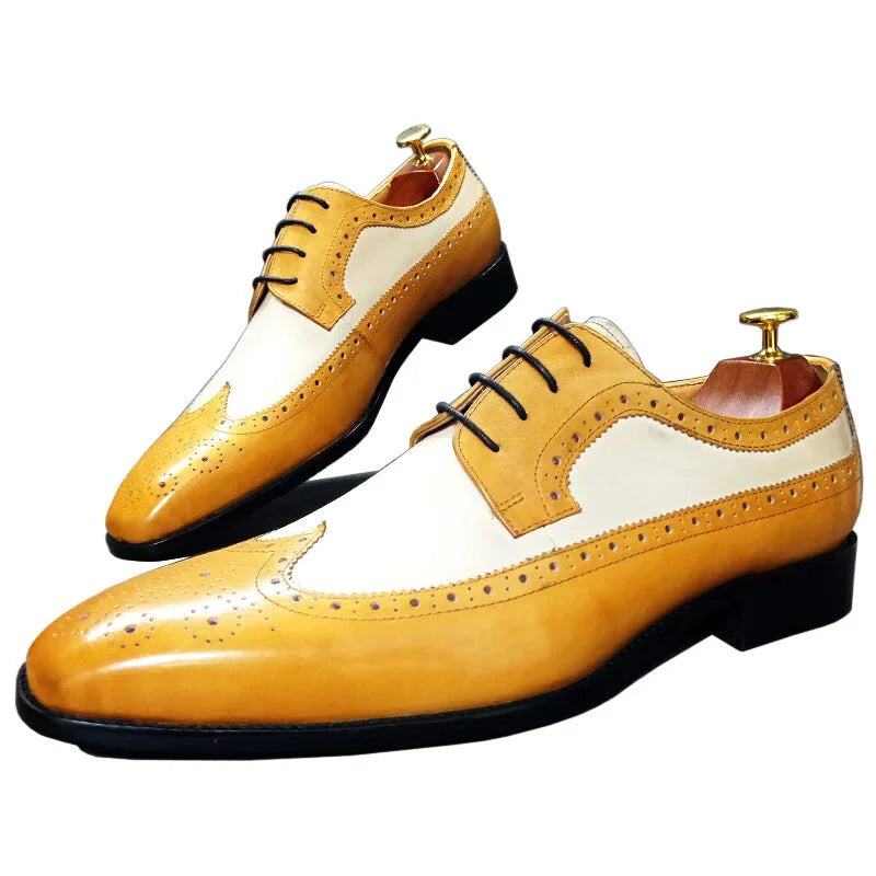 Men's Modern Shoes Men's Luxury Mixed Color Genuine Leather Pointed Toe Dress Shoes