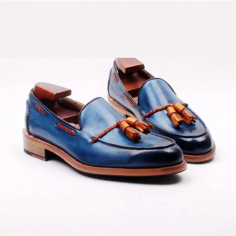 Men's Modern Shoes Full Grain Calf Leather Welted Mixed Blue Brown Tassels Slip-on Shoes Men's Modern Shoes Full Grain Calf Leather Welted Mixed Blue Brown Tassels Slip-on Shoes