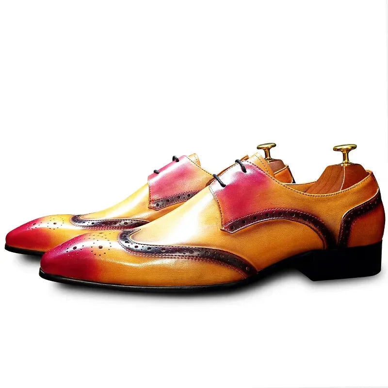 Men's Ergonomic Shoes Luxury Pointed Mixed Color Genuine Leather Lace Up Dress Shoes for Men Men's Ergonomic Shoes Luxury Pointed Mixed Color Genuine Leather Lace Up Dress Shoes for Men