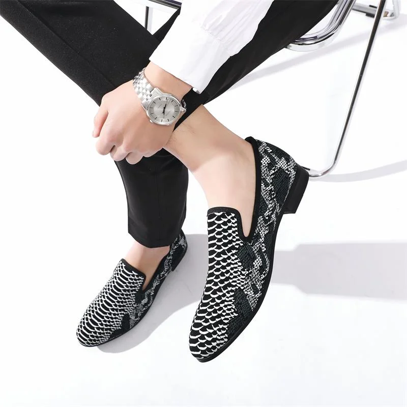 Men's Cushioned Shoes Black Casual Crocodile Striped Pattern Breathable Loafers for Men