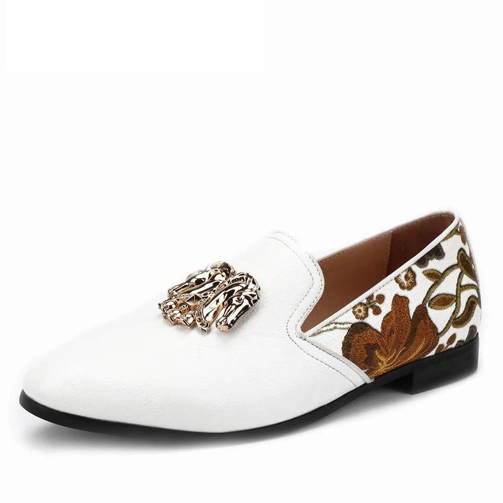 Men's Ergonomic Boots Men's Autumn Synthetic Leather Floral Printed Metal Decor Slip-On Loafers