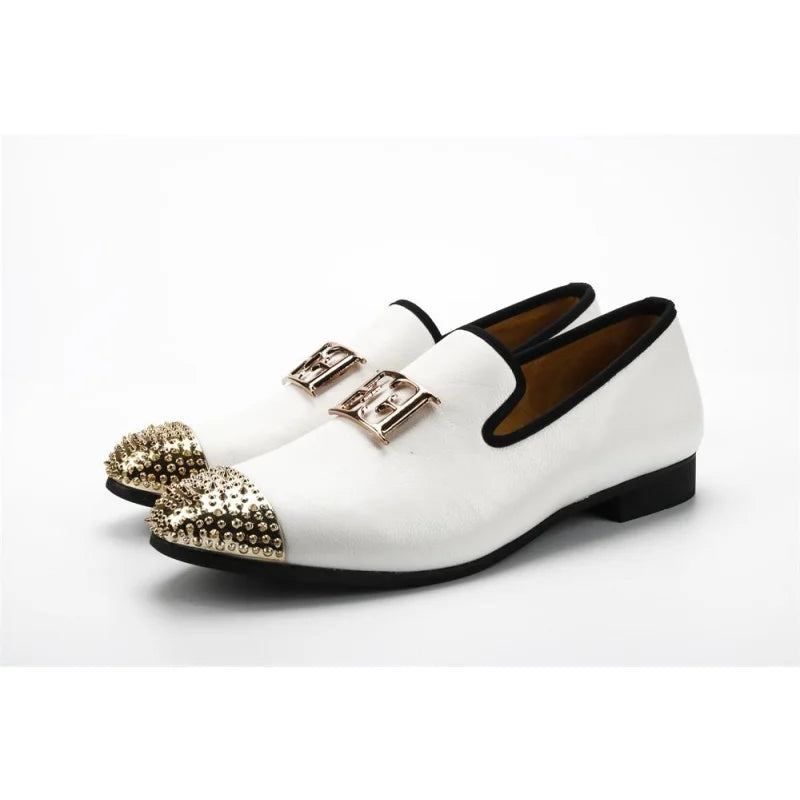 Clearance Sale On Men's Shoes Men's White Synthetic Leather Face Buckle Gold Metal Toe Loafers Clearance Sale On Men's Shoes Men's White Synthetic Leather Face Buckle Gold Metal Toe Loafers