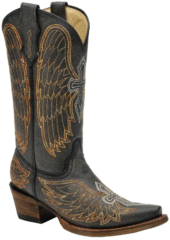 Exclusive Flash Sale On Durable And Trendy Shoes Corral Boots Kids Girl Leather Wing & Cross Black Silver/Gold Cowgirl