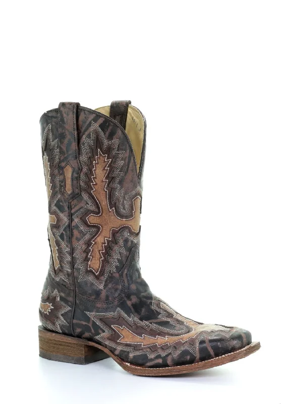 Men's Elegant Shoes Corral Boots Mens Leather Tan Inlay Chocolate Square Toe Cowboy