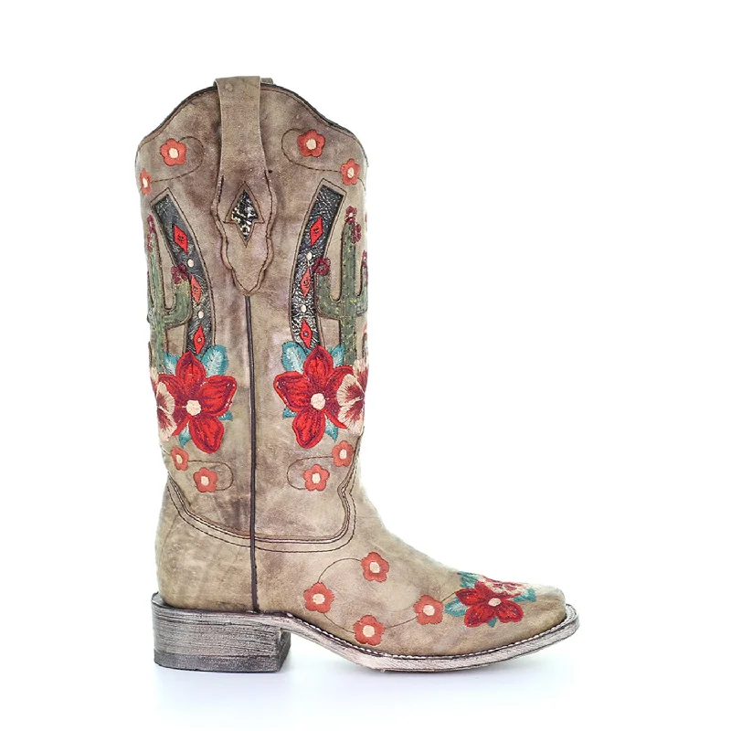 Men's Sporty Shoes Corral Womens Cactus Flowers Cowboy Boots Leather Tan