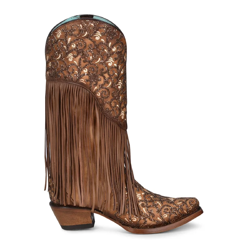 Men's Minimalist Shoes Corral Womens White Overlay Fringe Honey Cowhide 13in Cowboy Boots