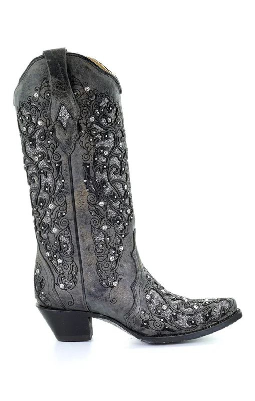 Men's Cozy Boots Corral Womens Glitter Inlay Cowboy Boots Leather Gray