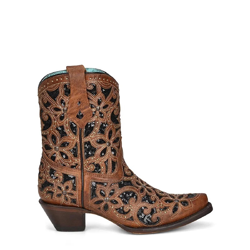Men's Shock-Resistant Shoes Corral Womens Glitter Inlay Cowboy Boots Leather Tan