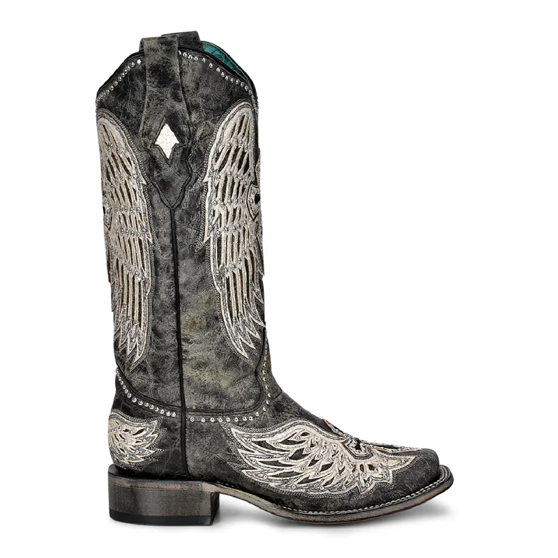 Men's Anti-Slip Shoes Corral Womens Wings Cross Cowboy Boots Leather Black