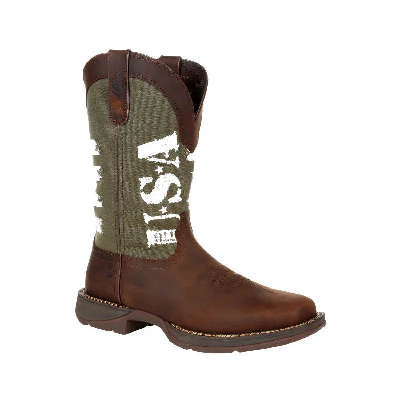Men's Moisture-Wicking Boots Durango Mens Brown/Army Green Leather Rebel USA Cowboy Boots