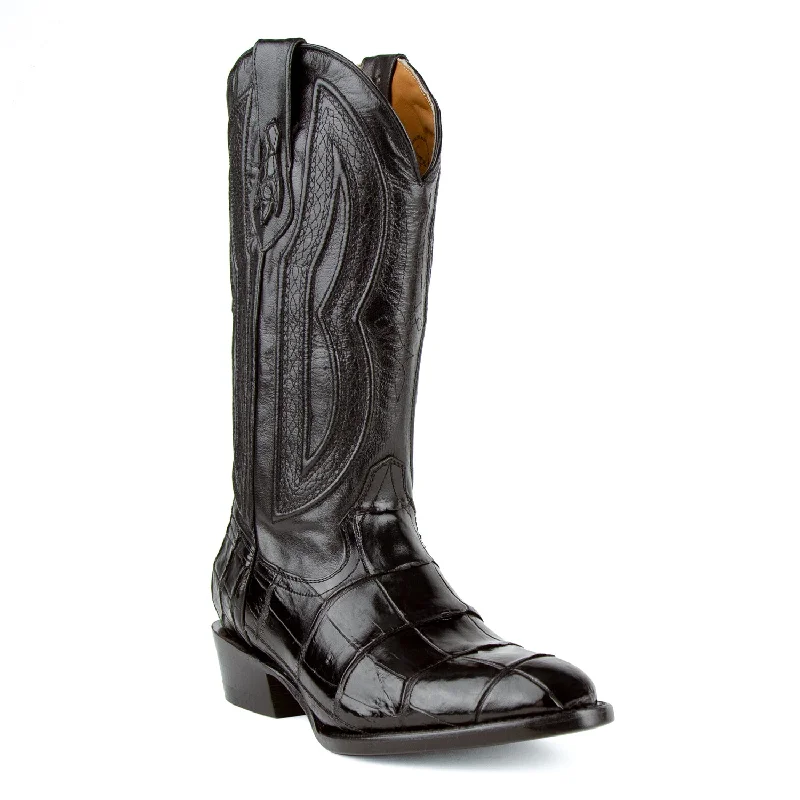 Men's Sporty Boots Ferrini Mens Black Leather Alligator Belly R-Toe Stallion Cowboy Boots