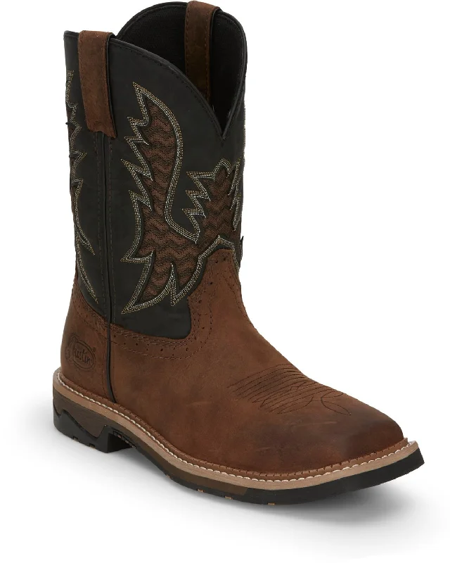 Men's Classic Shoes Justin 11in Water Buffalo Mens Pecan/Black Bolt Leather Work Boots