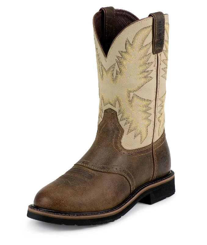 Shop Now For Limited-Time Footwear Deals Justin Mens Brown Waxy Leather Work Boots 11in Stampede Pull-On