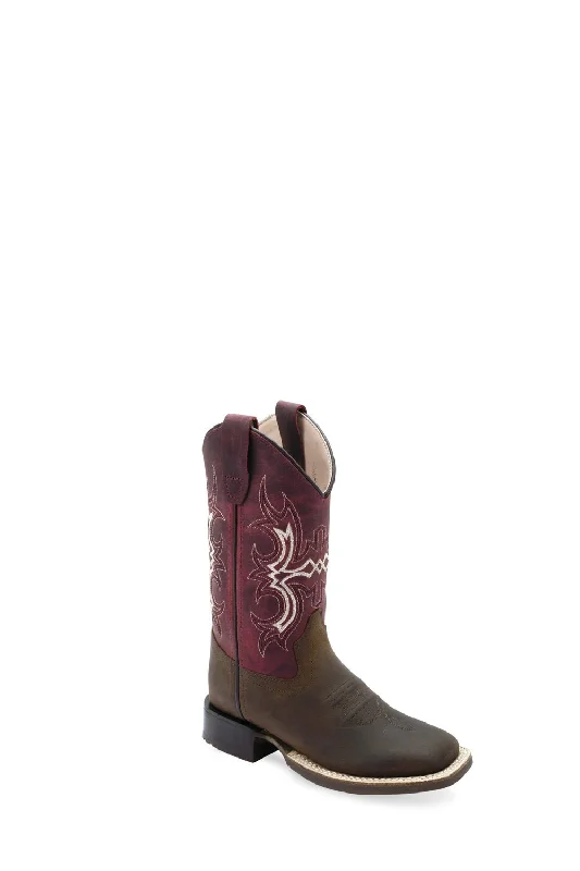 Men's Elegant Shoes Old West Kids Unisex Broad Square Toe Brown/Cloudy Burgundy Leather Cowboy Boots