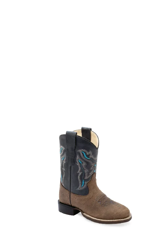 Men's Soft Shoes Old West Youth Unisex Broad Round Toe Brown/Pillow Blue Leather Cowboy Boots