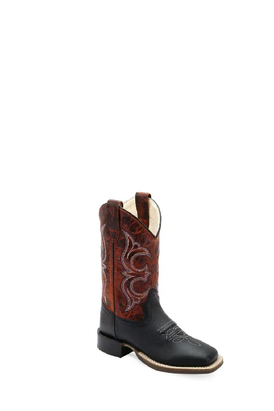 Men's Seamless Design Shoes Old West Youth Unisex Broad Square Toe Black/Burnt Red Leather Cowboy Boots