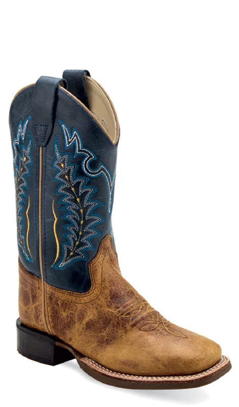 Seasonal Shoe Sale With Incredible Discounts Old West Youth Unisex Broad Square Toe Burnt Brown/Navy Leather Cowboy Boots
