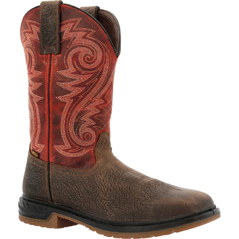 Huge Savings On Trendy Shoes Rocky Mens Red/Dark Brown Leather WorkSmart 11in CT WP Cowboy Boots