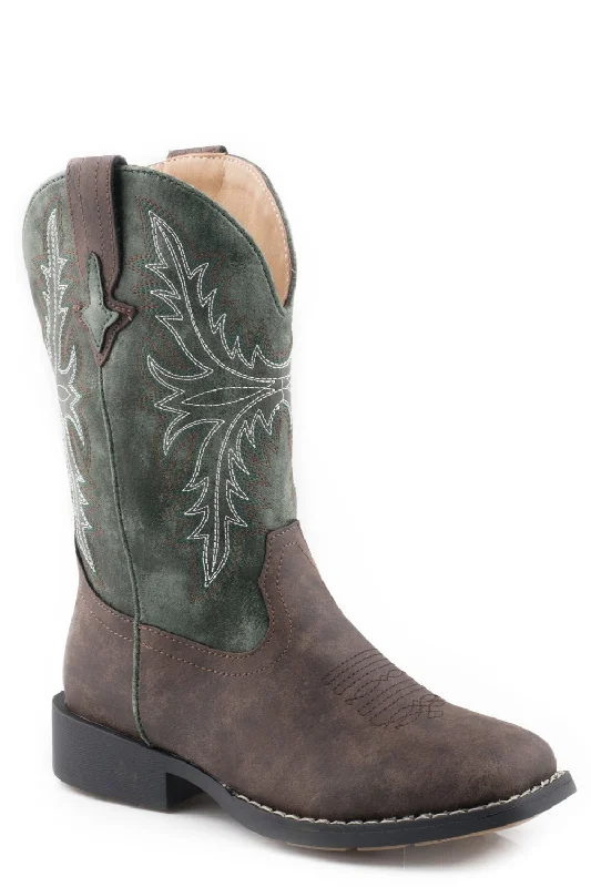 Men's Adaptive Fit Shoes Roper Boys Kids Brown/Green Faux Leather Jed Cowboy Boots