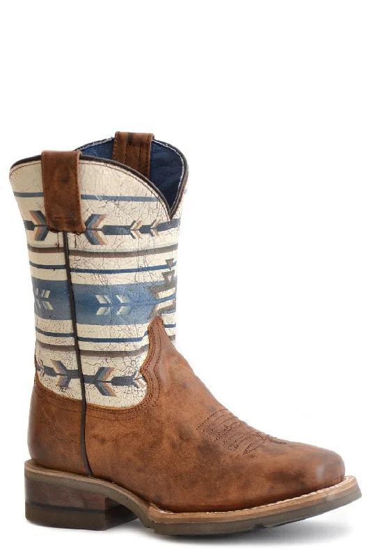 Men's Seamless Design Shoes Roper Boys Kids Burnish Tan Leather Cowboy Aztek Geo Cowboy Boots