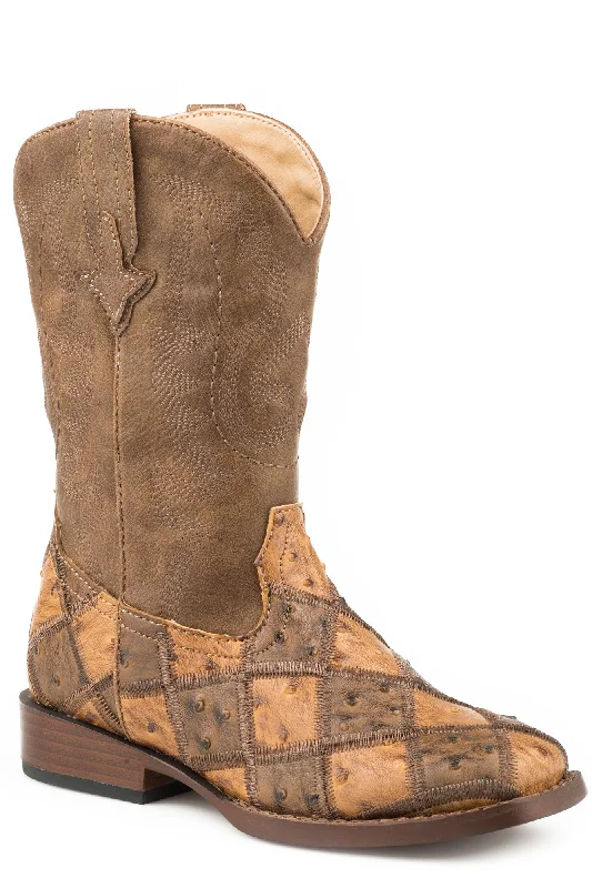 Men's Handcrafted Boots Roper Kids Boys Tan Faux Leather Bird Blocks Cowboy Boots
