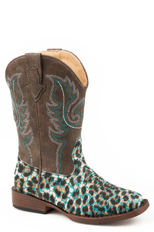 Elegant Shoes For Formal Events Roper Kids Girls Turquoise Faux Leather Glitter Leopard Cowboy Boots