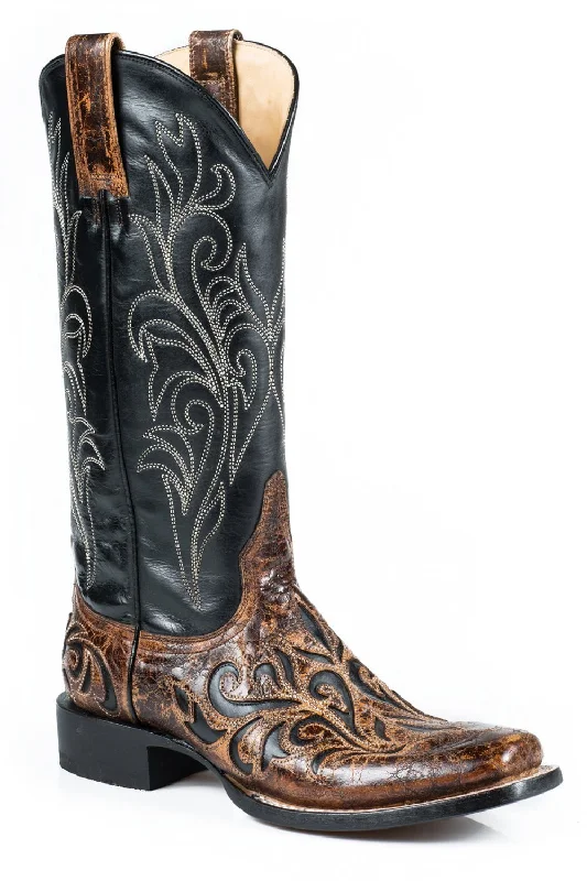 Men's Durable Boots Stetson Womens Black/Brown Leather Caroline Crackle Cowboy Boots