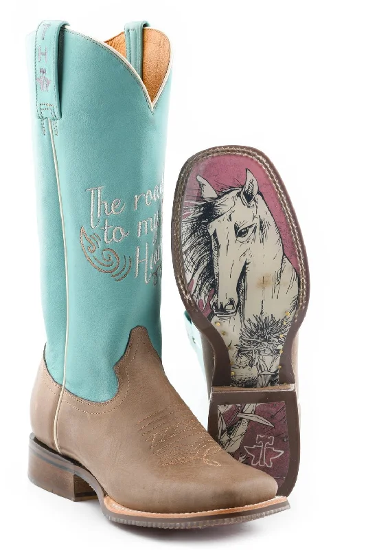 Men's Slip-Resistant Shoes Tin Haul Womens Tan/Turquoise Leather A Cowgirls Motto Cowboy Boots